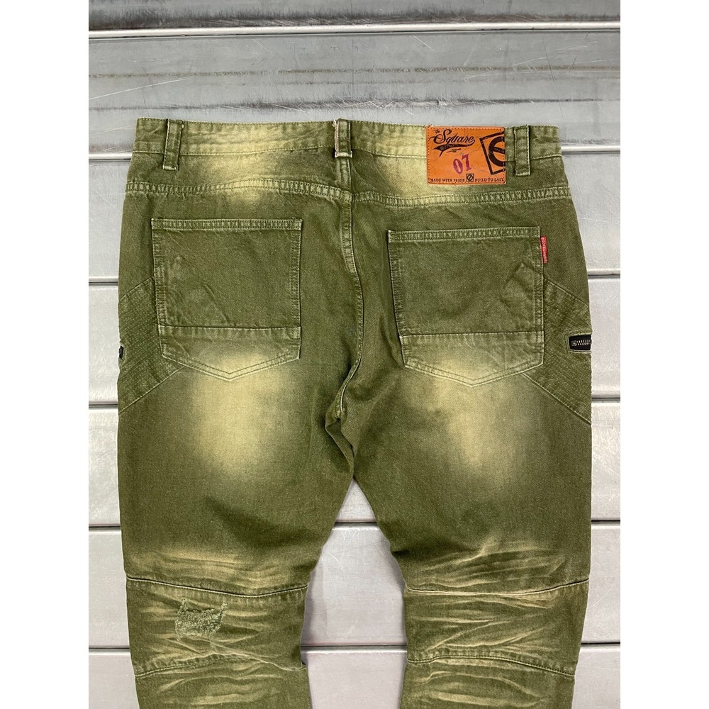 Square Zero Slim Straight Jeans Mens 40x33 Green Denim Faded Distressed Moto - Picture 12 of 16
